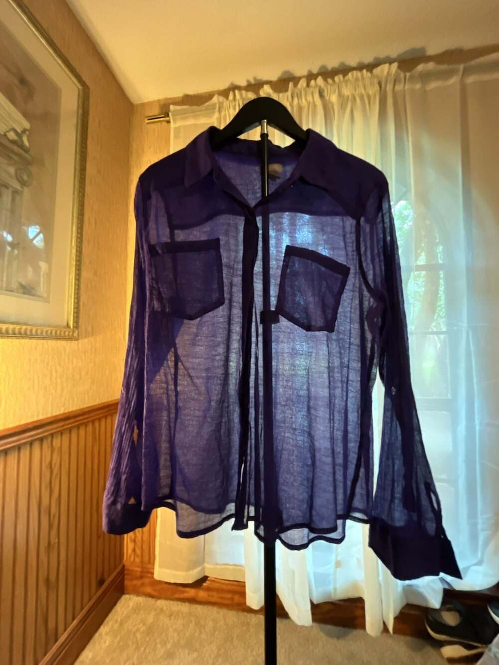 Chico's Women's Solid Purple V-Neck Button-Front Blouse with Pockets